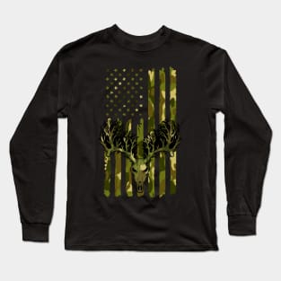 Camouflage Deer Hunting America Flag Long Sleeve T-Shirt